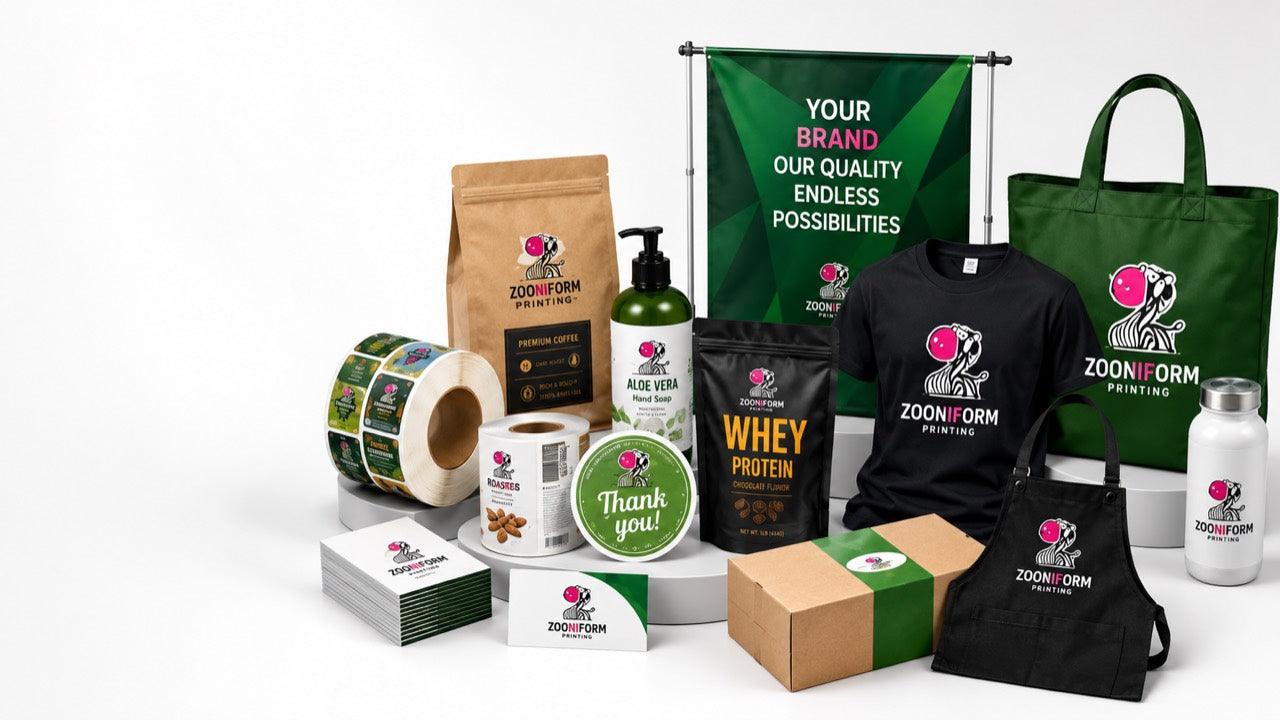 Zooniform custom printed labels packaging apparel and promotional products