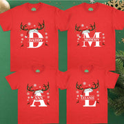 Custom Matching Family Name Christmas T-shirt, Long Sleeve Tee, Sweatshirt, Hoodie - Reindeer and Custom Letters